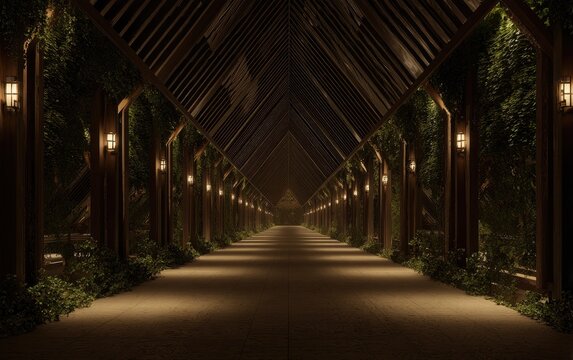 Long illuminated wooden pathway covered in vines, receding into the distance - Powered by Adobe
