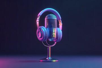 Studio microphone and headphones, vibrant lighting