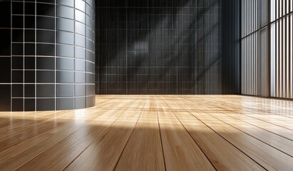 Modern interior with dark walls, tiled column, and light wood floor