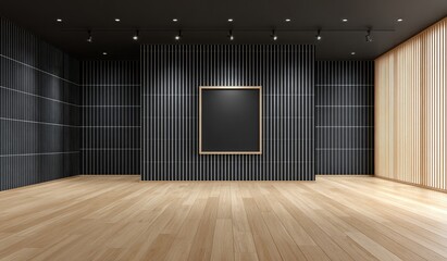 Empty modern gallery space, dark gray walls, light wood floor