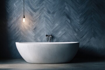 Modern, minimalist bathroom with a sleek, oval white marble bathtub, set against a dark gray herringbone-patterned tiled wall.  A pendant light illuminates the space