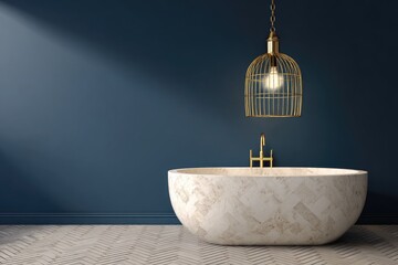 Modern, luxurious bathtub in a deep blue room.  Sunlight streams in, highlighting the  elegant gold-toned fixtures