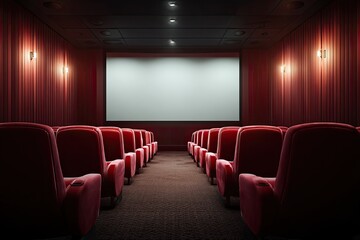 Empty movie theater interior, red seats, blank screen
