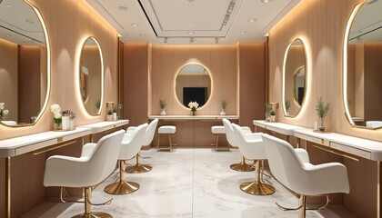 Modern salon interior features white styling chairs, golden mirrors. Hairdresser stations, makeup desks set up in clean, bright, elegant beauty studio. Space awaits clients for pampering treatments,