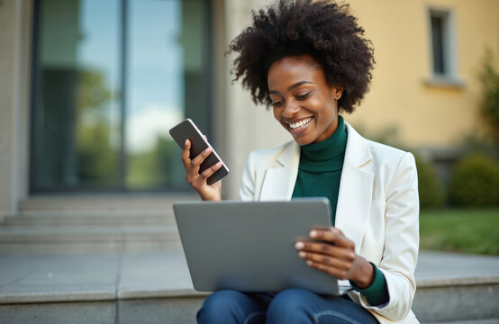 Smiling black businesswoman working outdoors with laptop, phone on city stairs. Happy african american woman uses modern gadgets for remote job. Cheerful female student studies online on campus,