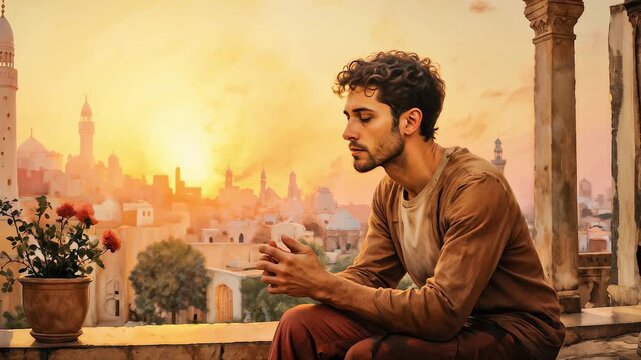 A spiritual sunset meditation: a tranquil scene of prayer and faith in Middle Eastern style. Divine light will illuminate the believer.