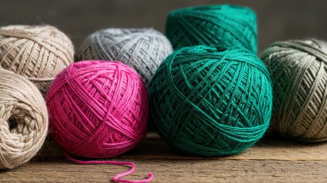Colorful yarn balls on rustic wooden surface