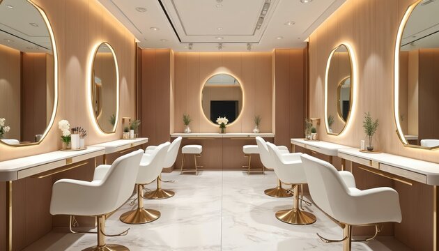 Modern salon interior features white styling chairs, golden mirrors. Hairdresser stations, makeup desks set up in clean, bright, elegant beauty studio. Space awaits clients for pampering treatments,