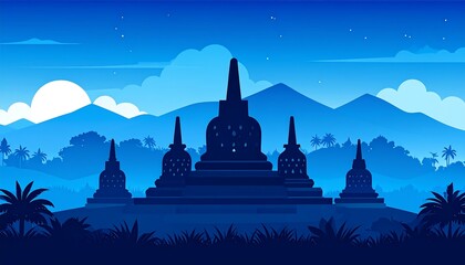 Silhouette of ancient temple under a moonlit sky with mountains