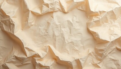Obraz premium Crushed light beige paper surface with soft shadows. Crumpled material background with textured folds. Used for crafts or packaging design elements.