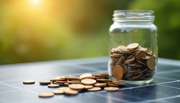 Glass jar filled with coins. Money savings concept on solar panel. Concept of renewable green energy tech and financial growth. Eco friendly power saving and money investment. - Powered by Adobe