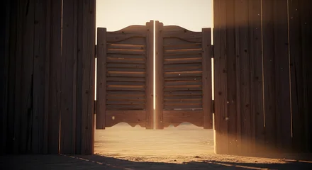 Sierkussen Oude deur Rustic saloon doors open to a sunlit desert landscape evoking a sense of adventure  © Brata