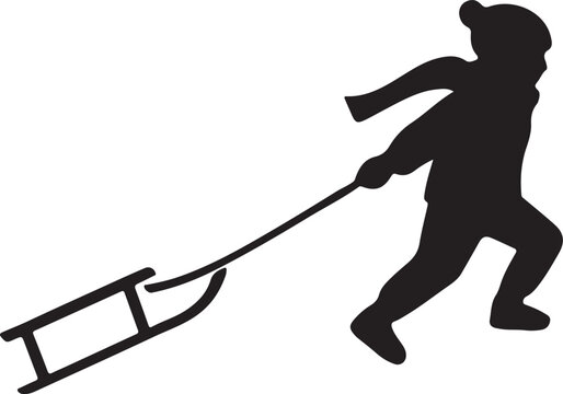 Young child running and pulling a wooden sled through the snow