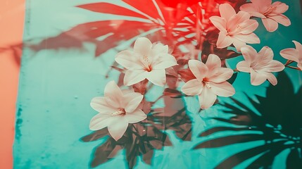 Gradient composition merging red illumination and blue surface with reflective floral tone