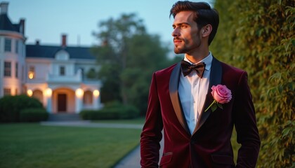 Handsome man wears rich velvet tuxedo. He stands outdoors near grand estate at dusk. A single rose adds a touch of romance to his formal attire. The scene conveys elegance and sophistication.