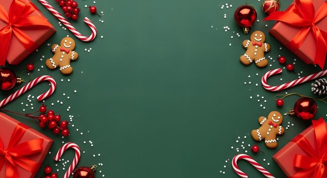 green Christmas background with red gift boxes, candy canes, gingerbread cookies, berries, ornaments, and sprinkles framing spacious center copy space. top-down festive composition.