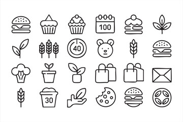Clean line food icon pack for organic product design, restaurant menus, and labels