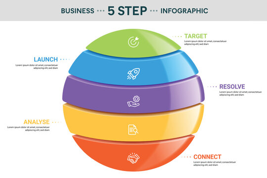 3D Sphere Ball Infographic Divided Into 5 Part, Options, Steps, Or Segments. Vector Illustration Template For Business Financial Report.