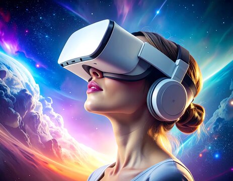 A person with a headset is gazing upwards at a colorful, cosmic background with swirling nebulas and vibrant stars