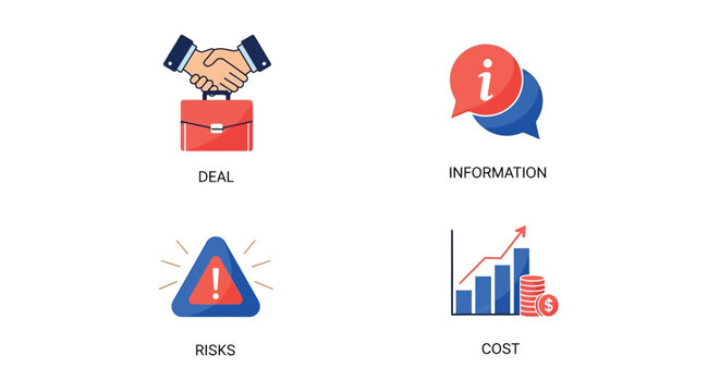 Vector illustration of four business icons deal, information, risks, and cost