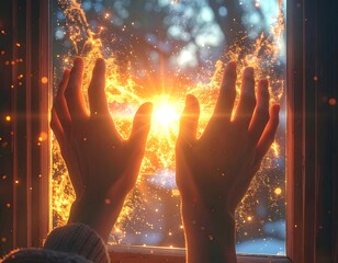 A person's hands reach toward an explosion of golden light seen through a window. The light is bright and glowing