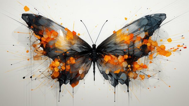 A stunning artistic representation of a butterfly in shades of orange and black, showcasing intricate geometric patterns and vibrant colors.