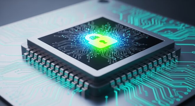 Cybersecurity concept with a glowing padlock icon on a computer microprocessor chip representing data protection and hardware security. - Powered by Adobe