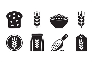 Whole-grain vector set featuring wheat stalks, flour bags, bowls, and bread slices