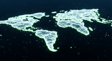 A glowing digital world map made of interconnected points and lines, representing global networks and communication on a dark background.