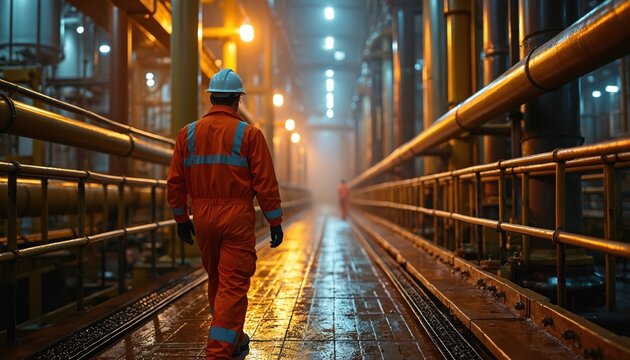 Offshore oil rig worker inspects pipes. Man walks through industrial interior in uniform, helmet. Engineer monitors infrastructure maintenance, ensures plant safety, manages power generation process. - Powered by Adobe