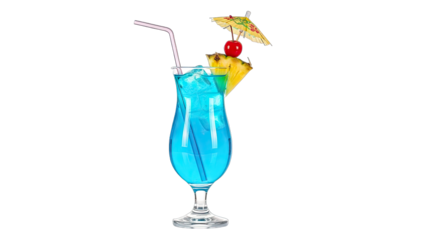Vibrant Blue Tropical Cocktail with Pineapple Cherry and Umbrella Garnishes on a Clear Stemmed Glass Ready for Summer Enjoyment