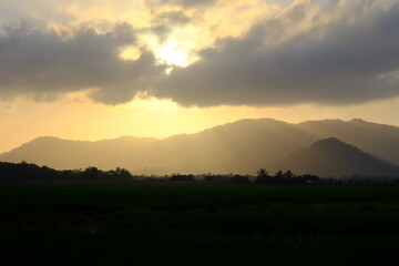 Dramatic Sunrays and Clouds Over Paddy Field
