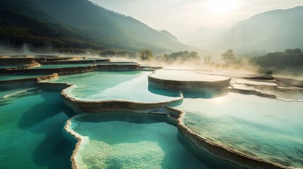 Surreal Mountain Valley with Waterfall and Foreground Wildflowers at Sunset