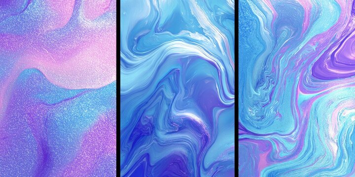 Abstract fluid art in shades of blue and purple. Swirls and marbling create a textured look