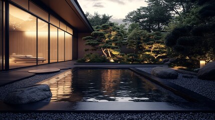Minimalist Outdoor Onsen Pool in a Modern Zen Garden