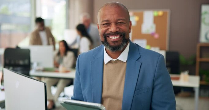 Smile, tablet and face of business man in office for about us, journalist editor and pride. Publisher agency, coworking and confidence with mature person in startup for reporter fact check and writer