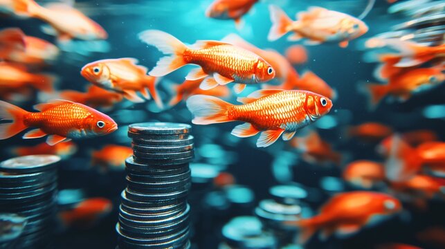 Artistic visual of golden fish swimming around stack of coins symbolizing fluid investment flow.