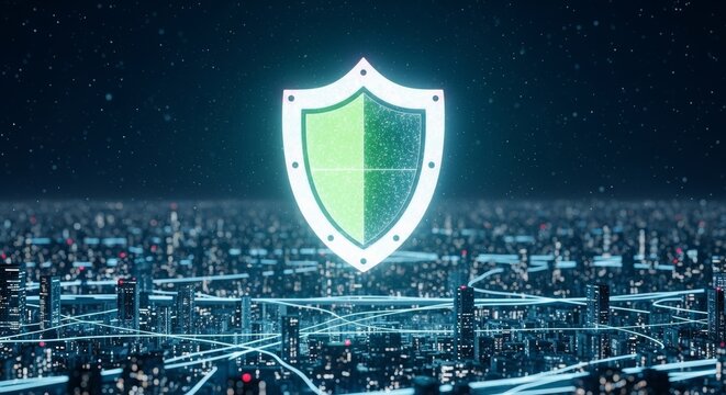A glowing green shield icon symbolizing cybersecurity and data protection hovers over a futuristic digital cityscape at night.
