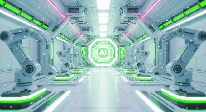 Futuristic factory corridor with rows of robotic arms and a glowing green AI symbol at the end.