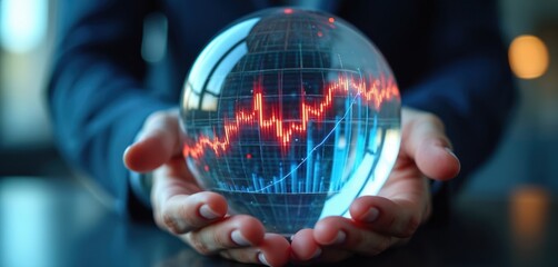 Manager presents crystal ball with data charts. Business analytics concept. Data analysis, stock market forecasting. Future prediction via AI. Businessman predicts trends with ball. Finance