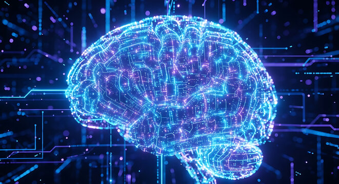 Glowing brain illustration with circuit board pattern and digital network connections visible clearly ai generated