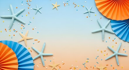 Summer Beach Theme Decoration with Starfish and Paper Fans.