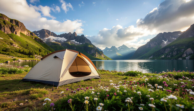 A tent pitched amidst wildflowers next to a tranquil mountain lake, with dramatic green valleys and peaks under a sunny, cloudy sky. Adventure. - Powered by Adobe