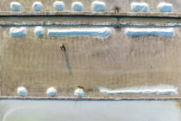 April 8, 2025: Salt harvesting scene of people in Phu Yen province, Vietnam