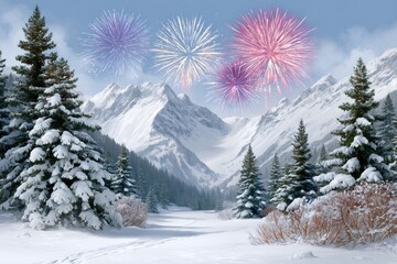 Winter mountain landscape celebrating with colorful fireworks