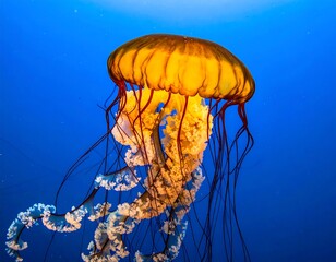 A vibrant, close-up view captures a golden jellyfish with long, delicate tentacles against a stark blue backdrop. The creature's bell glows, highlighted by sunlight