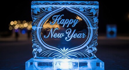 Happy New Year Ice Sculpture Celebration Outdoor Night