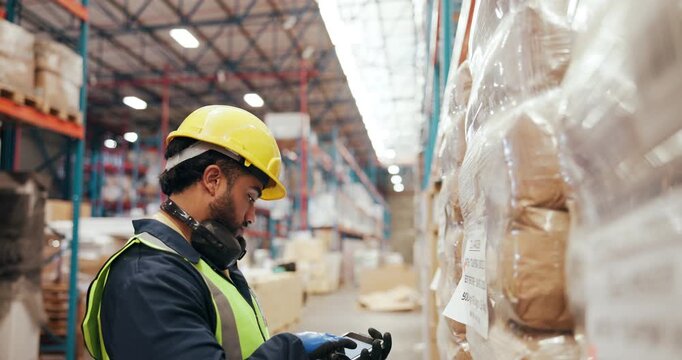 Man, tablet and scanner with inventory in warehouse for price check, storage or distribution. Male person, employee or checklist with technology, barcode or inspection for quality assurance in depot