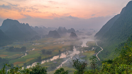 Scenery of Ngoc Con mountain, Cao Bang province, Vietnam filled with mist in the early morning