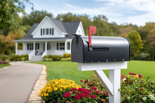 Black mailbox with red flag in front of suburban house